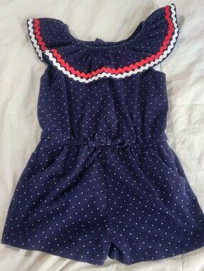Janie and Jack Navy Polka Dot Ric Rac Romper Girls Size 4